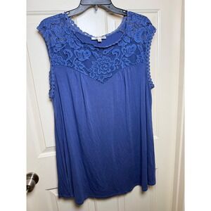 Emerald Blue Lace Yoke Sleeveless Top Crochet Trim Plus Size 2X